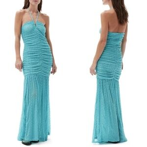 NEW GANNI Ruched Stretch Lace Halter Maxi Dress in Blue Curacao Sz. 34 (XS)
